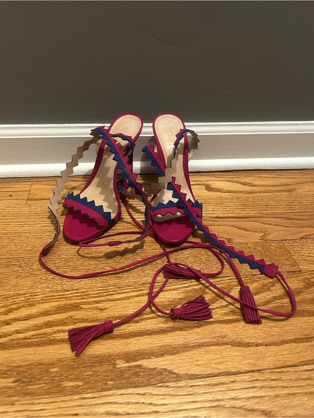 Schutz, Pink and blue zig-zag serrated lace-up high heels